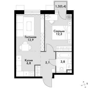 Квартира 2-комн. квартира, 41.2 м² ЖК «Флагман» Фото 1