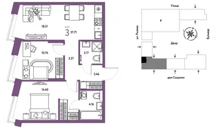 Планировка 3-комн. квартира, 57.71 м² ЖК «Остров-сад»
