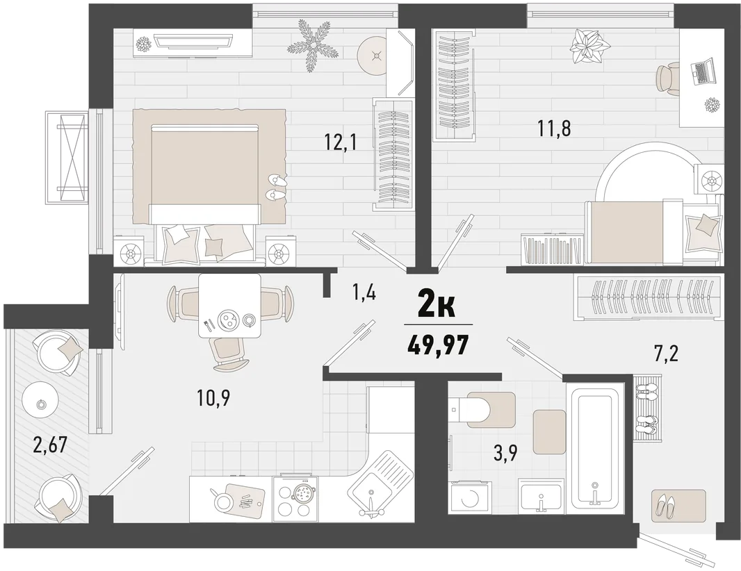 Планировка 2-комн. квартира, 49.97 м² ЖК «Барса»