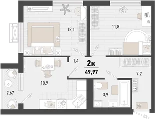 Планировка 2-комн. квартира, 49.97 м² ЖК «Барса»