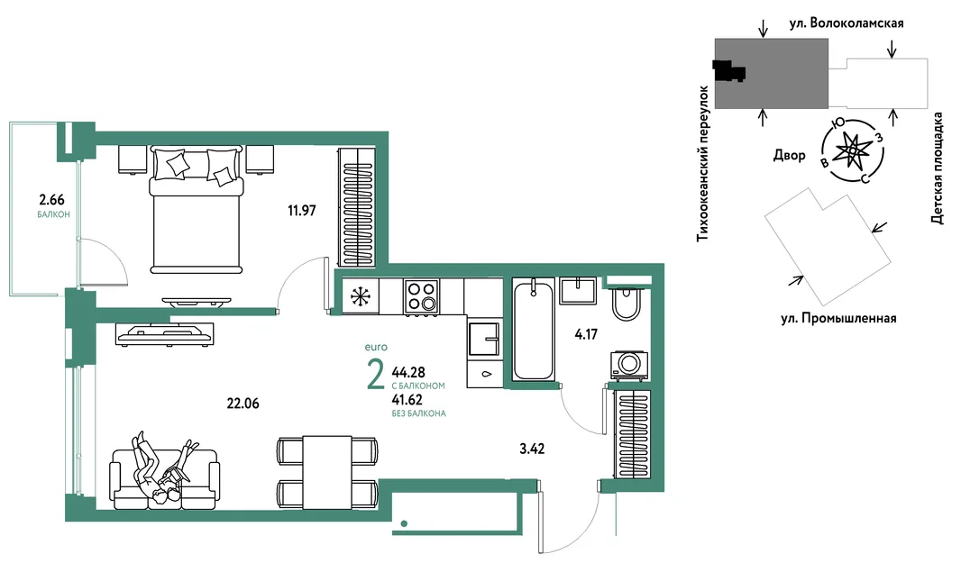 Планировка 2-комн. квартира, 44.28 м² ЖК «Страна Прибрежная»