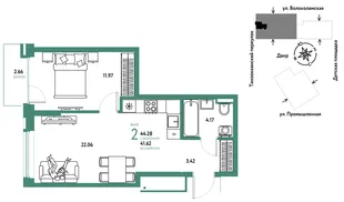Планировка 2-комн. квартира, 44.28 м² ЖК «Страна Прибрежная»