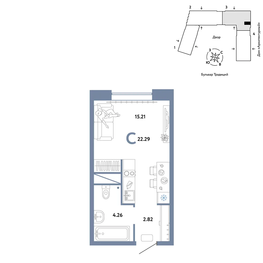 Планировка Студия, 22.29 м² ЖК «Микрорайон Домашний»