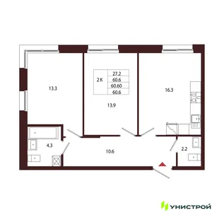 Планировка 2-комн. квартира, 60.6 м² ЖК «Лисино»
