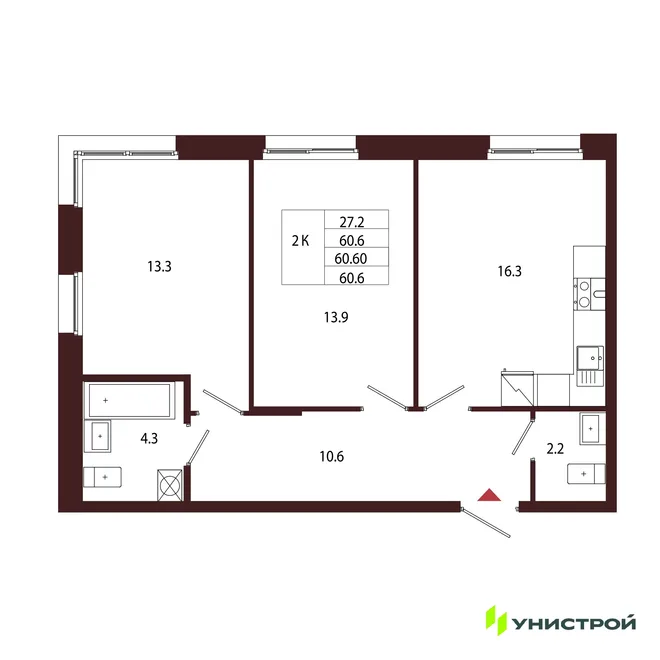 Планировка 2-комн. квартира, 60.6 м² ЖК «Лисино» Планировка 2-комн. квартира, 60.6 м² ЖК «Лисино»