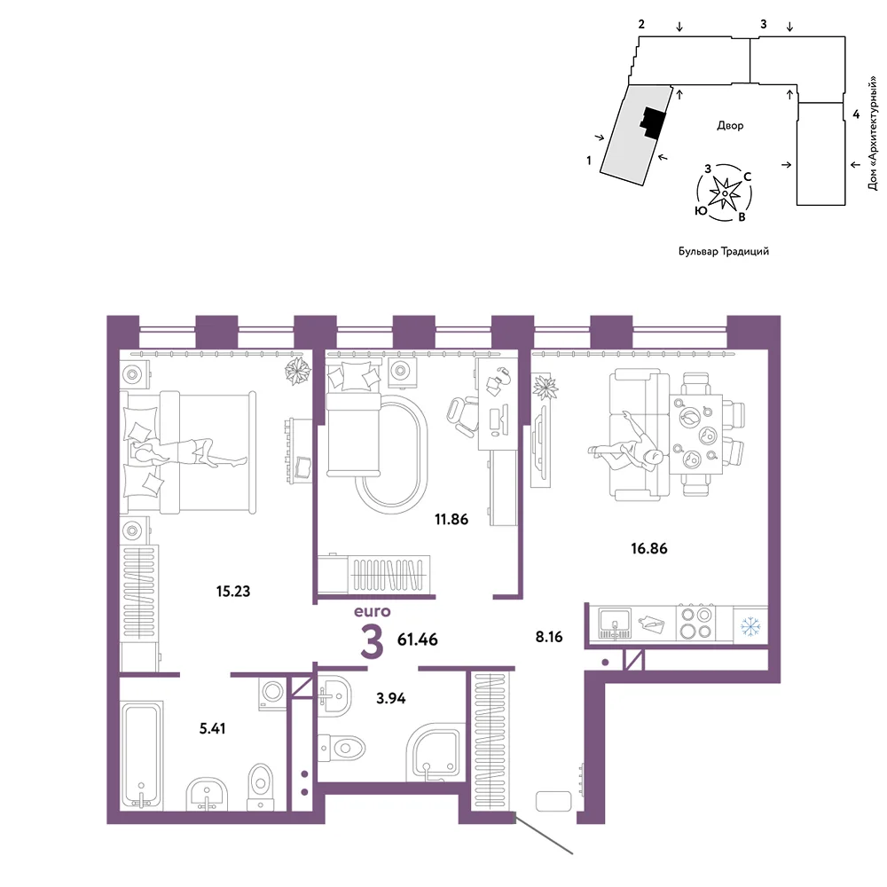Планировка 3-комн. квартира, 61.46 м² ЖК «Микрорайон Домашний»