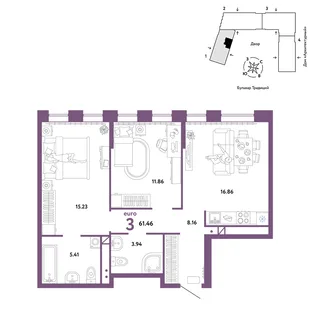 Планировка 3-комн. квартира, 61.46 м² ЖК «Микрорайон Домашний»