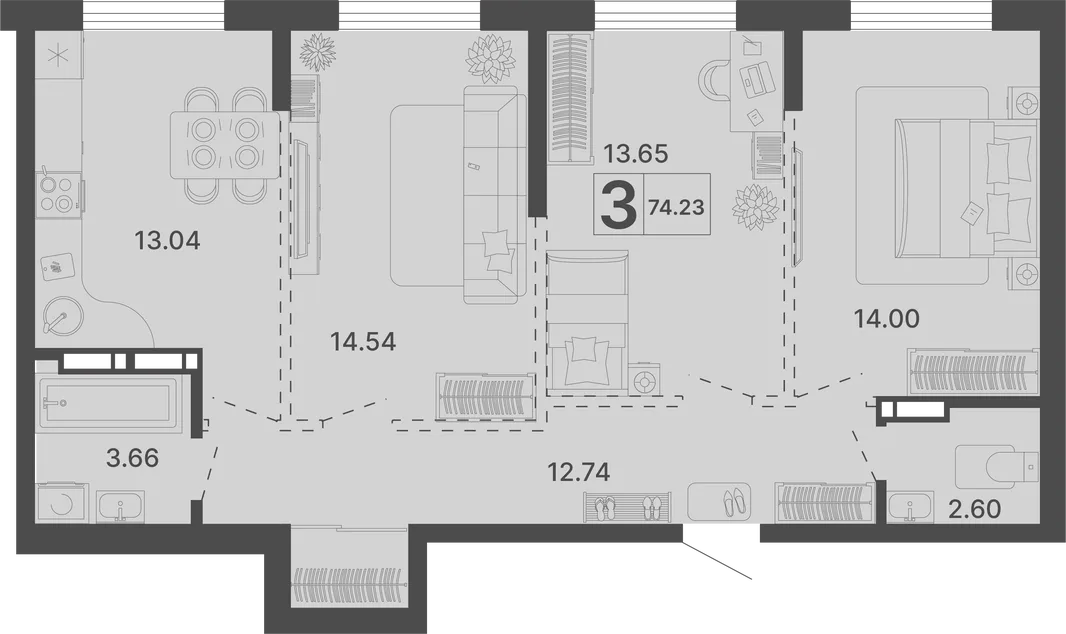 Планировка 3-комн. квартира, 74.23 м² ЖК «Светский лес»