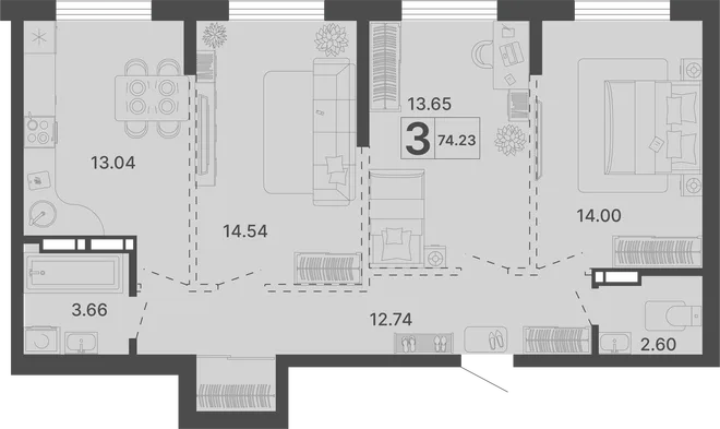 Планировка 3-комн. квартира, 74.23 м² ЖК «Светский лес»