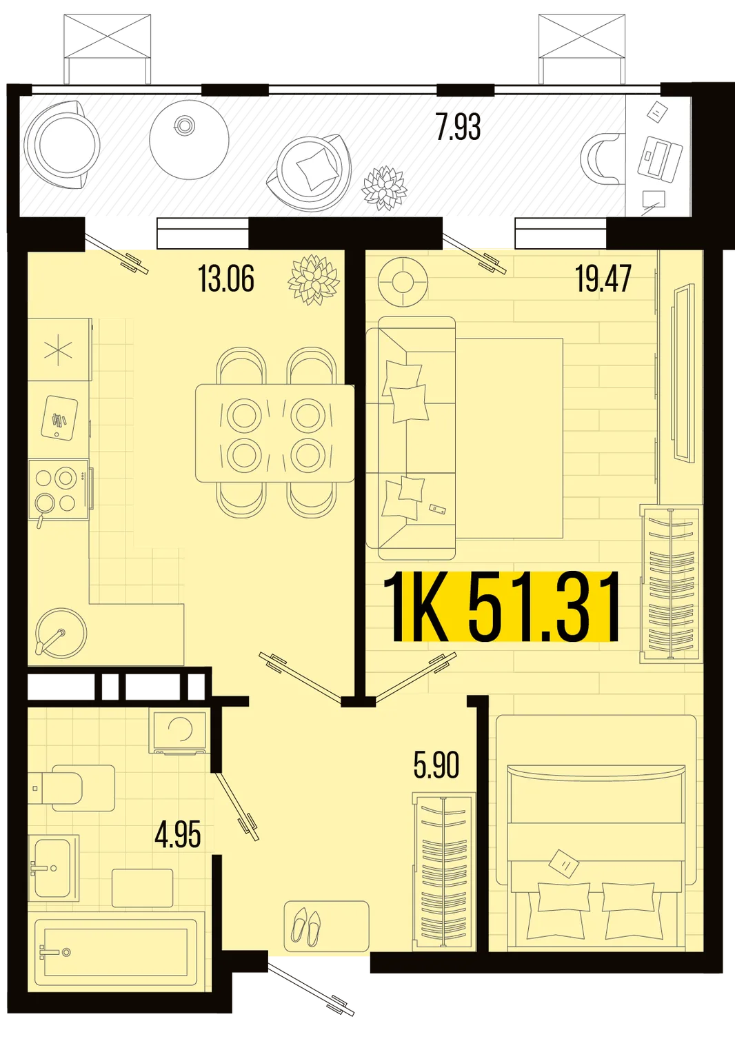 Планировка 1-комн. квартира, 47.34 м² ЖК «Цветной бульвар»