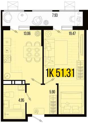Планировка 1-комн. квартира, 47.34 м² ЖК «Цветной бульвар»