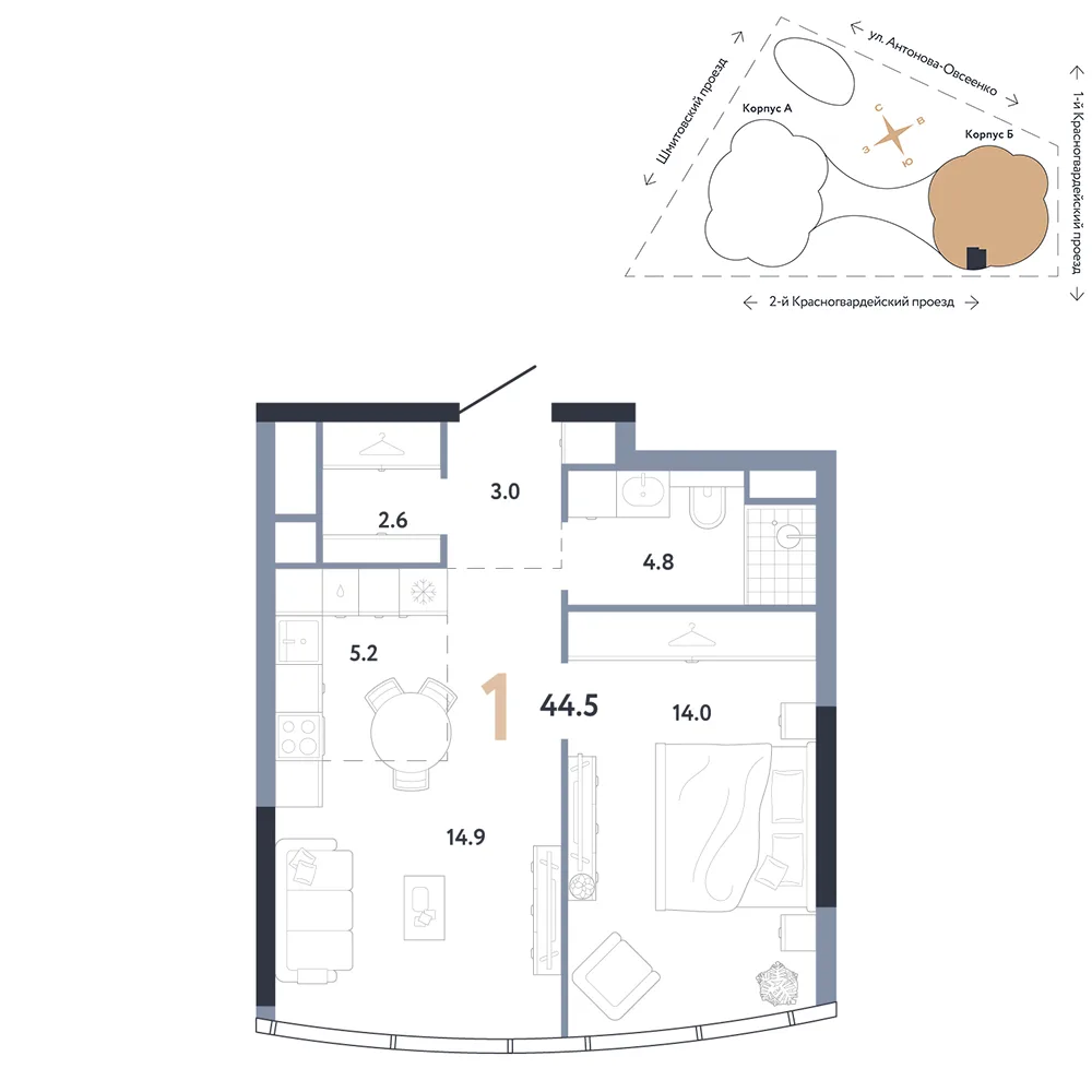 Планировка 1-комн. квартира, 44.5 м² ЖК «АУРУС Резиденции»