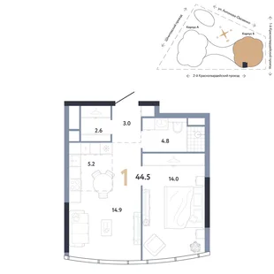 Планировка 1-комн. квартира, 44.5 м² ЖК «АУРУС Резиденции»