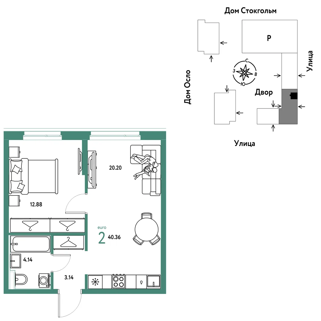 Планировка 2-комн. квартира, 40.36 м² ЖК «Европейский берег 2.0»