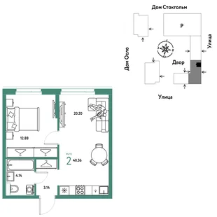 Планировка 2-комн. квартира, 40.36 м² ЖК «Европейский берег 2.0»