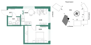 Планировка 2-комн. квартира, 34.84 м² ЖК «Сибирский сад»