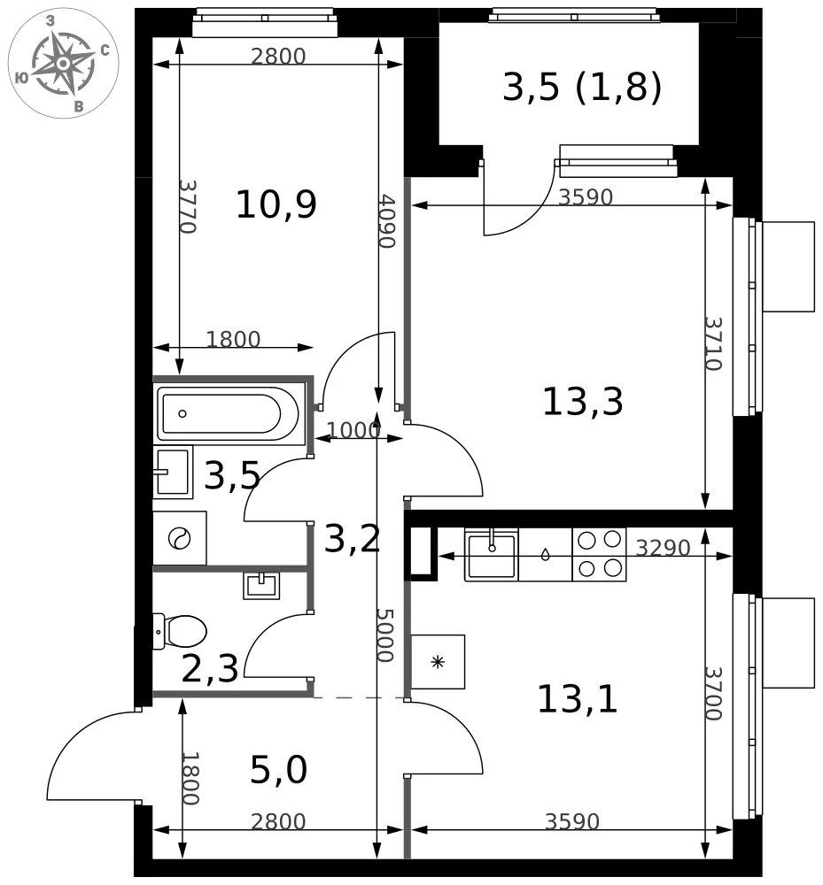 Планировка 2-комн. квартира, 53.1 м² ЖК «1-й Химкинский»