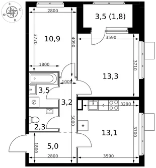 Планировка 2-комн. квартира, 53.1 м² ЖК «1-й Химкинский»