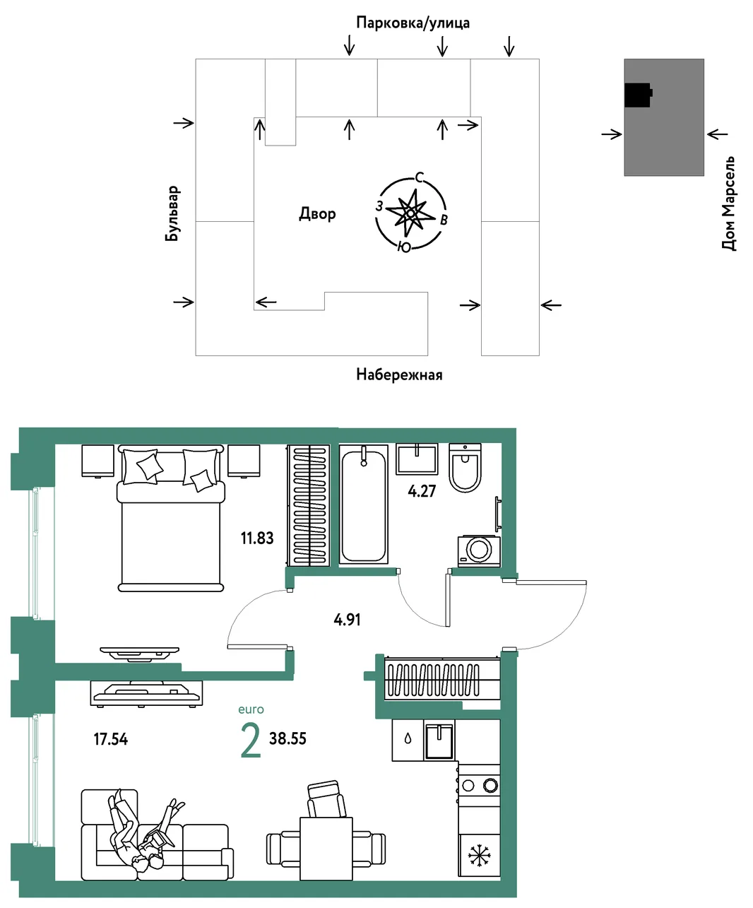 Планировка 2-комн. квартира, 38.55 м² ЖК «Европейский берег 2.0»