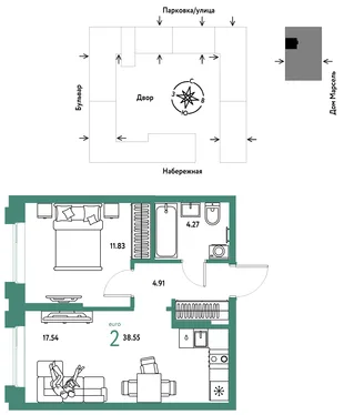 Планировка 2-комн. квартира, 38.55 м² ЖК «Европейский берег 2.0»
