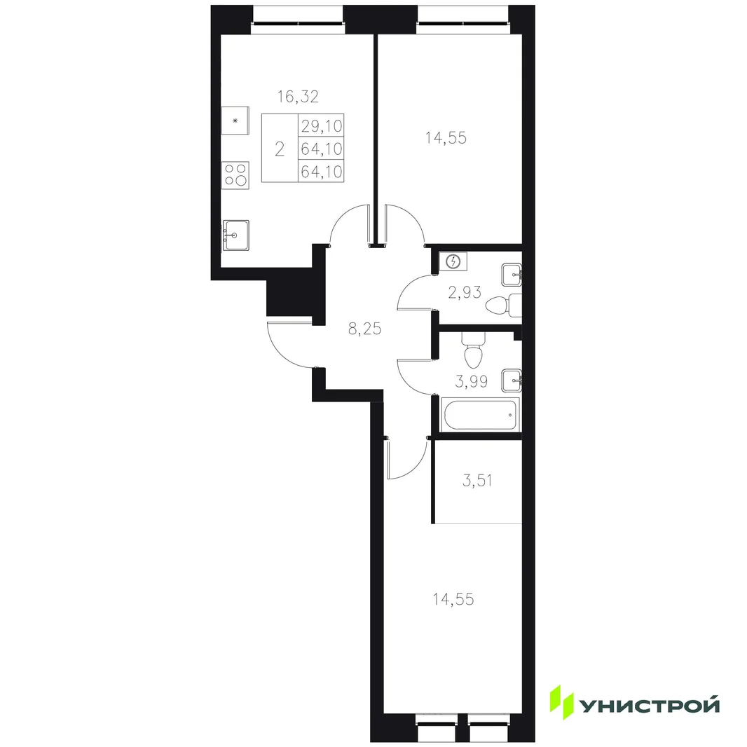 Планировка 2-комн. квартира, 64.1 м² ЖК «Statum»