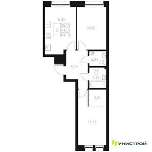 Планировка 2-комн. квартира, 64.1 м² ЖК «Statum»
