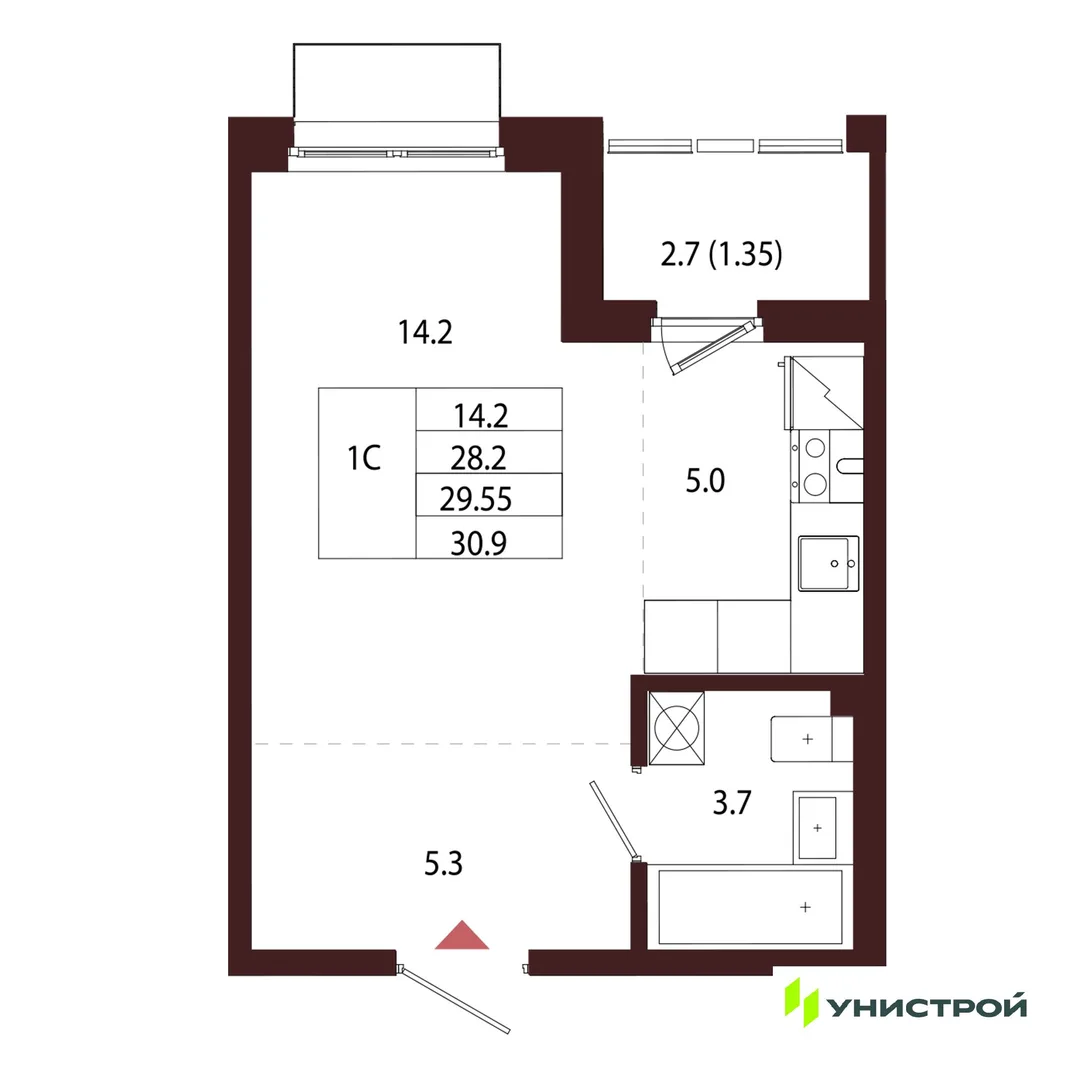 Планировка 1-комн. квартира, 29.55 м² ЖК «Лисино»