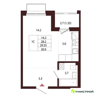 Планировка 1-комн. квартира, 29.55 м² ЖК «Лисино»