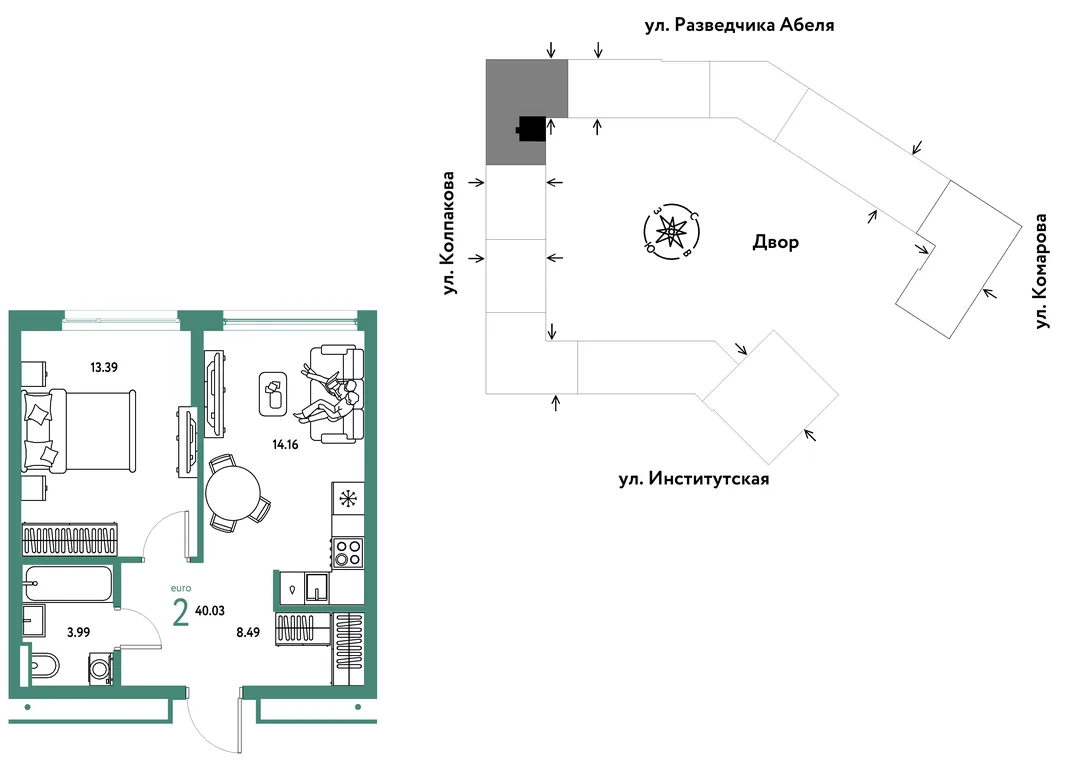 Планировка 2-комн. квартира, 40.03 м² ЖК «Страна.Парковая»