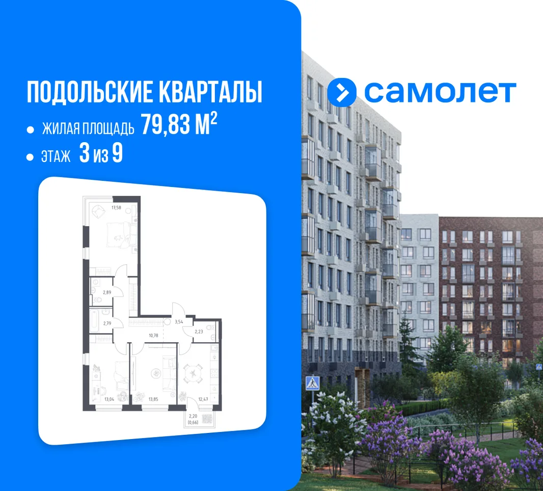 Планировка 3-комн. квартира, 79.83 м² ЖК «Подольские кварталы»