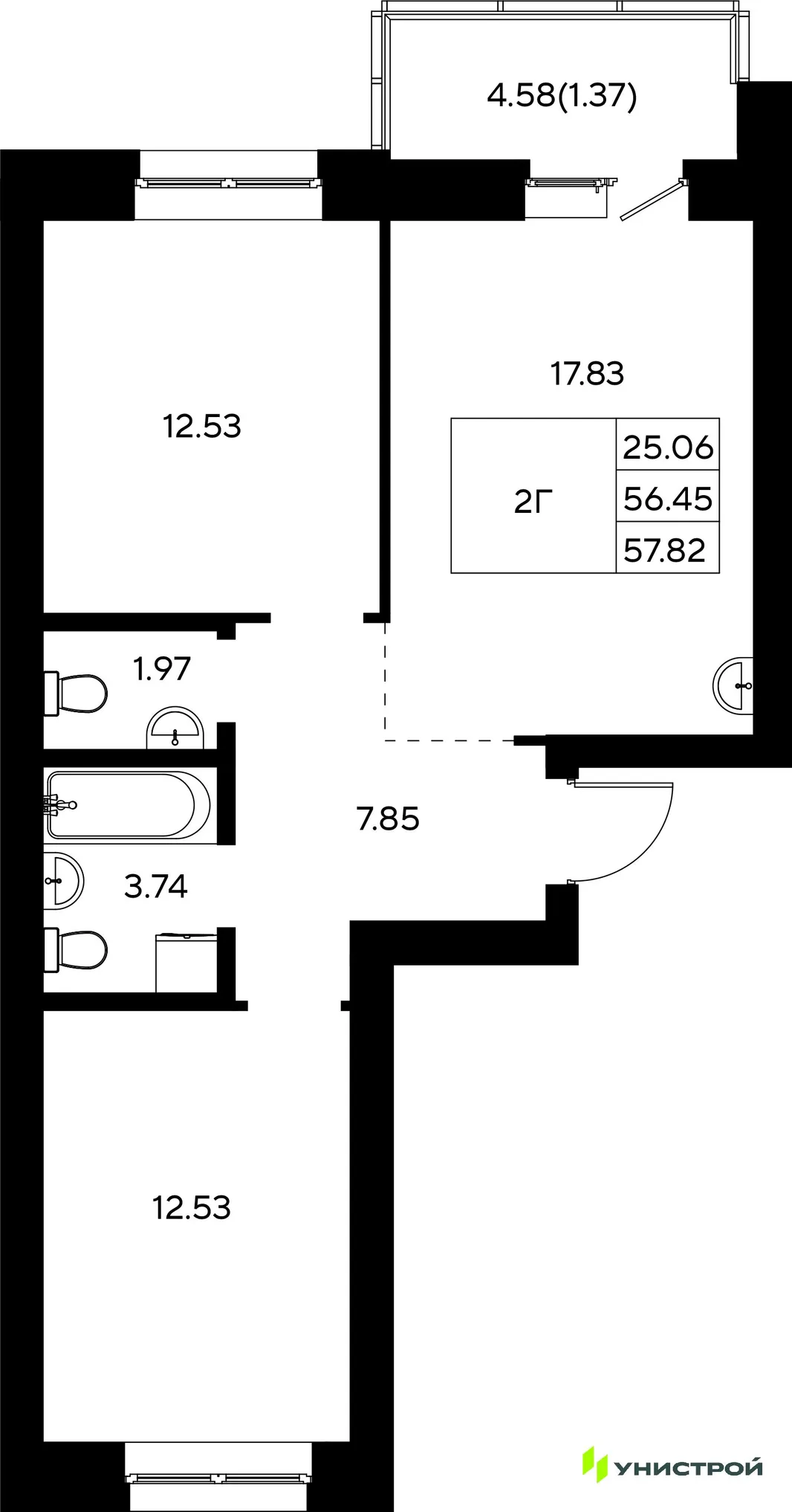 Планировка 2-комн. квартира, 57.82 м² ЖК «Царёво City»