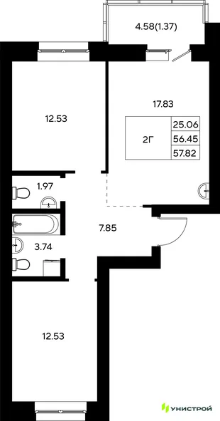 Планировка 2-комн. квартира, 57.82 м² ЖК «Царёво City»