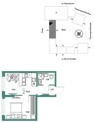 Планировка 1-комн. квартира, 29.62 м² ЖК «Сердце Сибири»