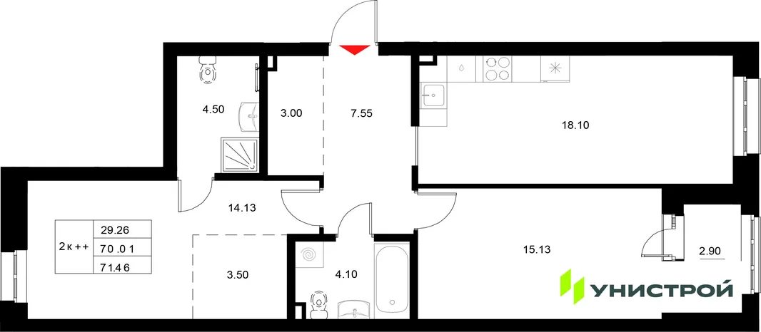 Планировка 2-комн. квартира, 71.46 м² ЖК «Уникод на Технической»