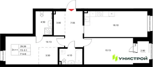 Планировка 2-комн. квартира, 71.46 м² ЖК «Уникод на Технической»