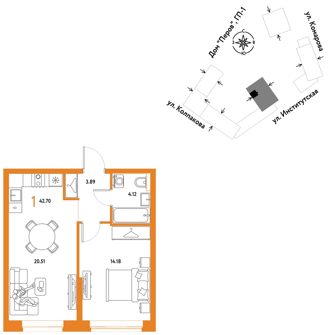 Планировка 1-комн. квартира, 42.7 м² ЖК «Страна.Парковая»