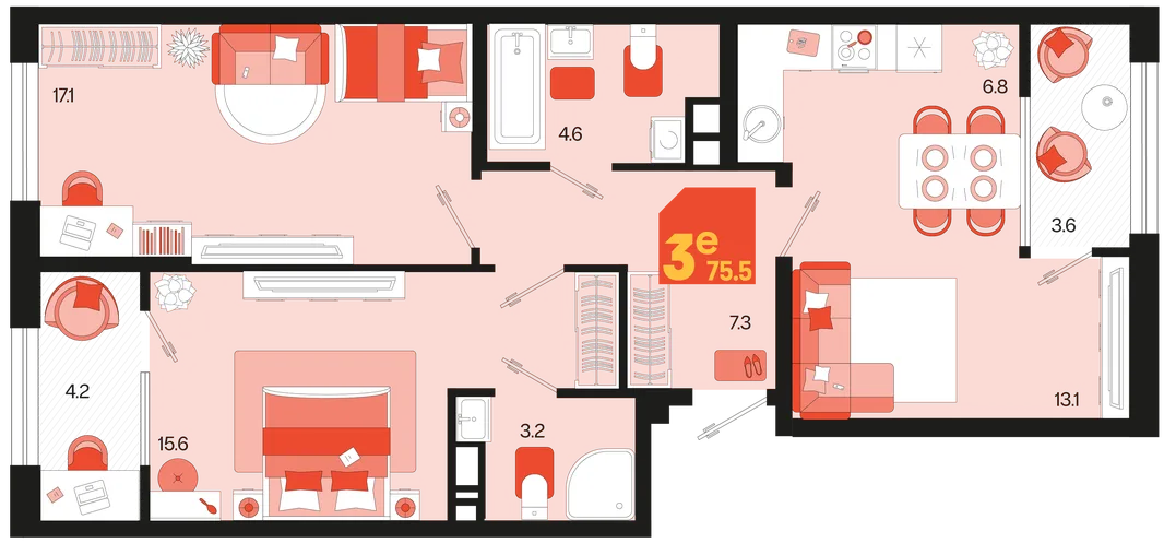 Планировка 3-комн. квартира, 75.5 м² ЖК «Первое место»