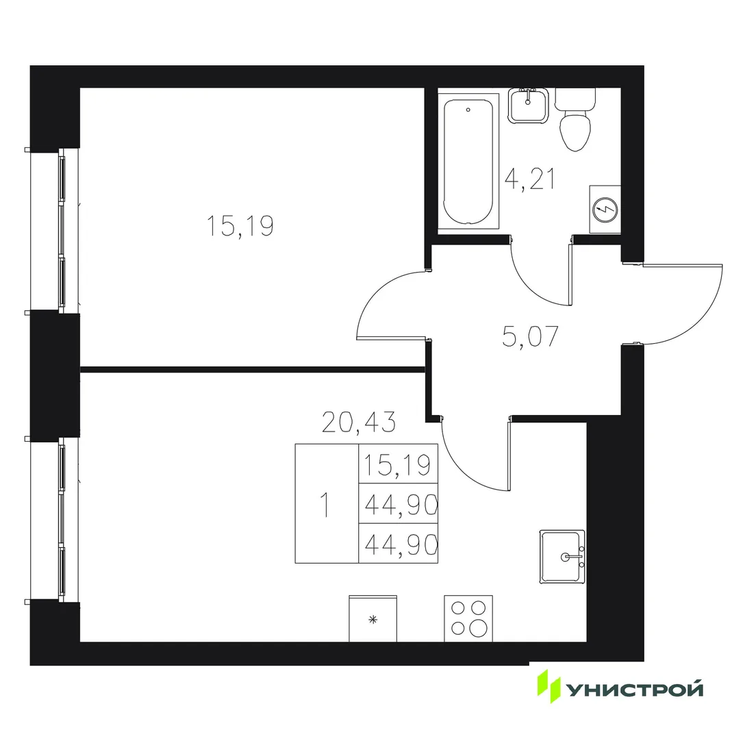 Планировка 1-комн. квартира, 44.9 м² ЖК «Statum»