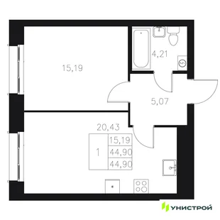 Планировка 1-комн. квартира, 44.9 м² ЖК «Statum»