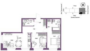 Планировка 3-комн. квартира, 64.64 м² ЖК «Микрорайон Домашний»