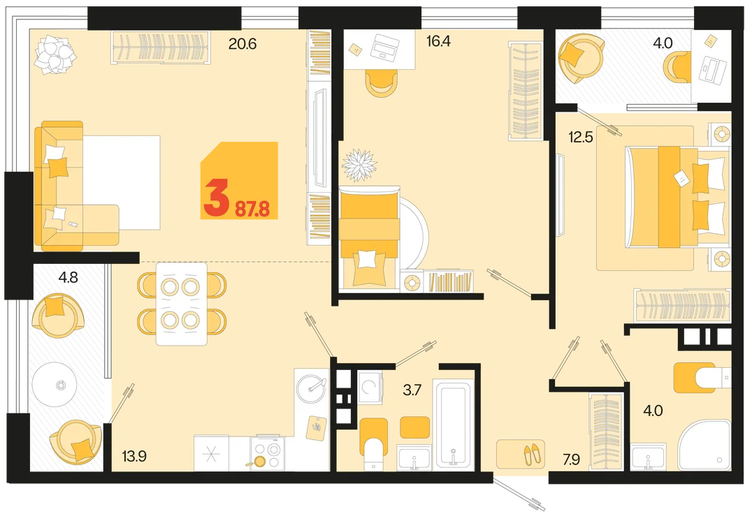 Планировка 3-комн. квартира, 87.8 м² ЖК «Первое место»