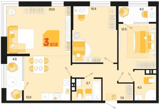 Планировка 3-комн. квартира, 87.8 м² ЖК «Первое место»