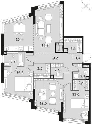 Квартира 4-комн. квартира, 98.6 м² ЖК «Rotterdam» Фото 1