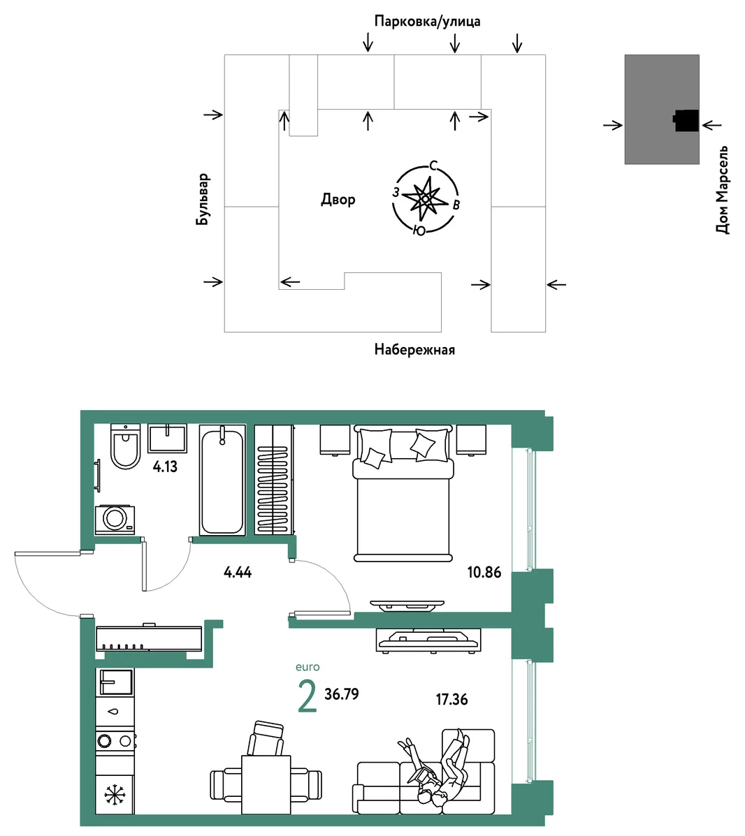 Планировка 2-комн. квартира, 36.79 м² ЖК «Европейский берег 2.0»
