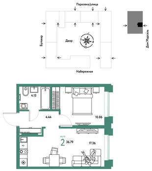 Планировка 2-комн. квартира, 36.79 м² ЖК «Европейский берег 2.0»