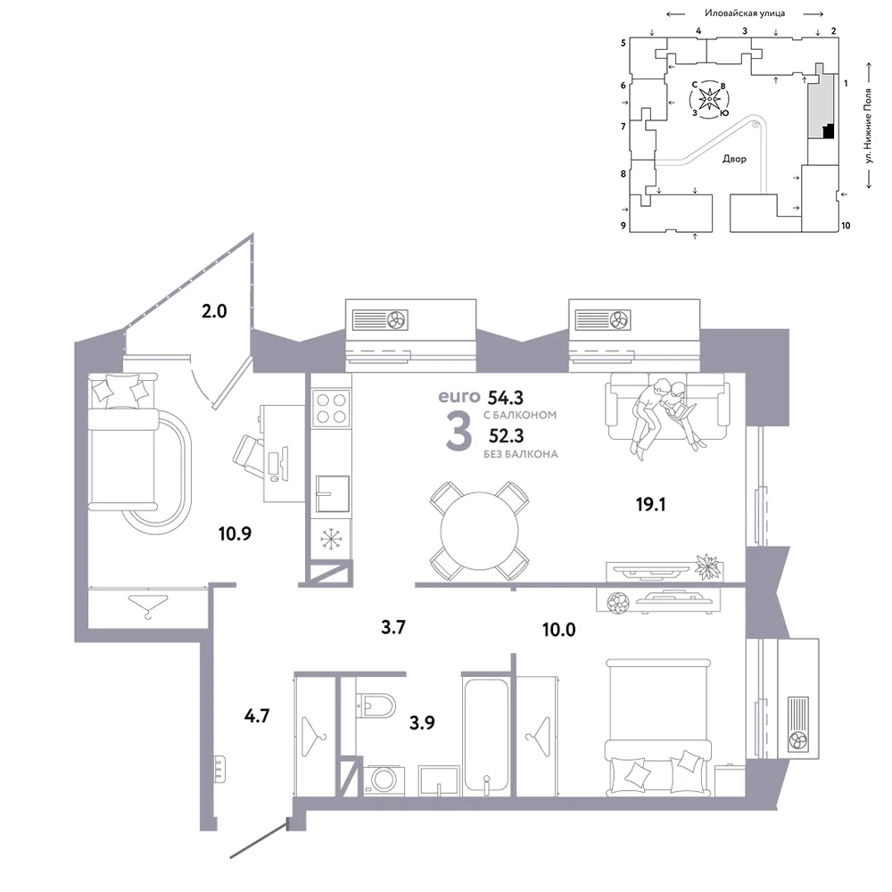 Планировка 3-комн. квартира, 54.3 м² ЖК «Страна.Заречная»
