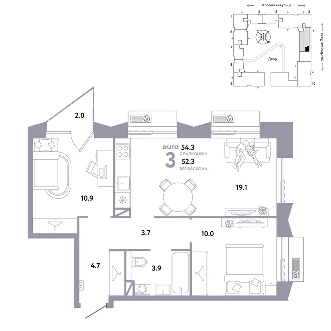 Планировка 3-комн. квартира, 54.3 м² ЖК «Страна.Заречная» Планировка 3-комн. квартира, 54.3 м² ЖК «Страна.Заречная»