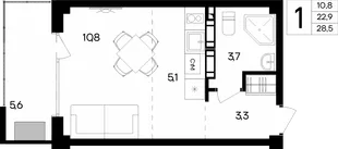 Планировка 1-комн. квартира, 28.5 м² Апарт-комплекс «Альморе»