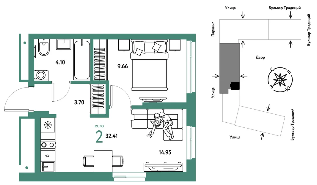 Планировка 2-комн. квартира, 32.41 м² ЖК «Микрорайон Домашний»