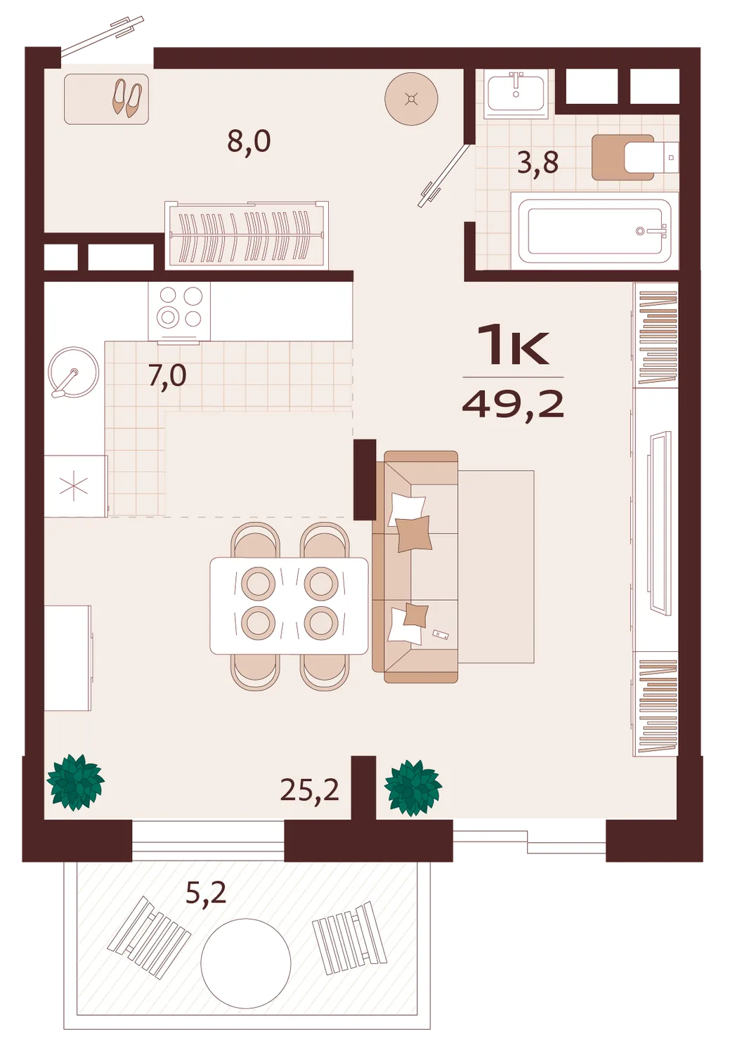 Планировка 1-комн. квартира, 49.2 м² ЖК «Роялта»